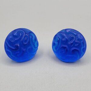 Blue Satin Glass Cabinet Knobs Embossed Swirl Design Set Of 2 Vintage Style